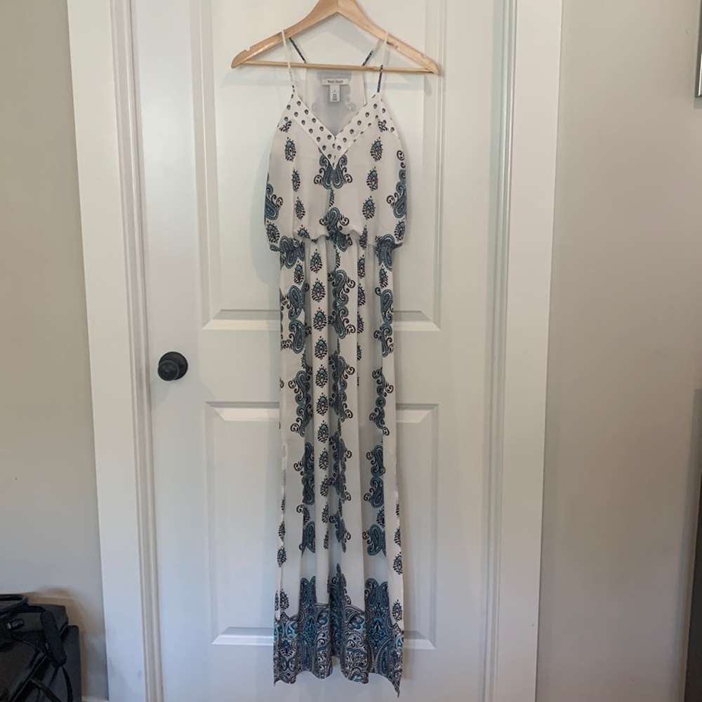 White House Black Market White Maxi Dress with Blue Paisley Print